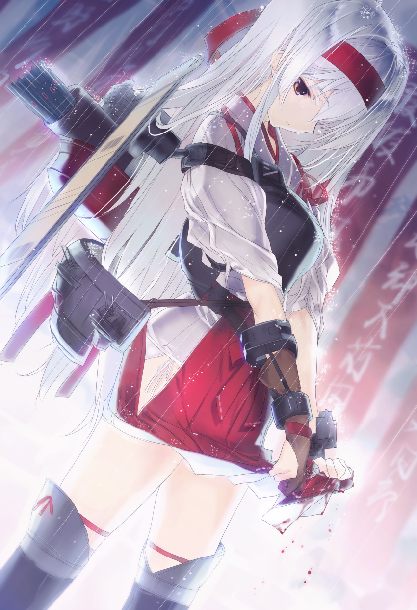 1girl absurdres black_legwear blood brown_eyes headband highres japanese_clothes kantai_collection lifted_by_self long_hair nakamura_takeshi panties panty_peek rain shoukaku_(kantai_collection) side-tie_panties side_slit silver_hair skirt skirt_lift solo thigh-highs thigh_strap underwear wet wet_clothes white_panties wringing wringing_clothes