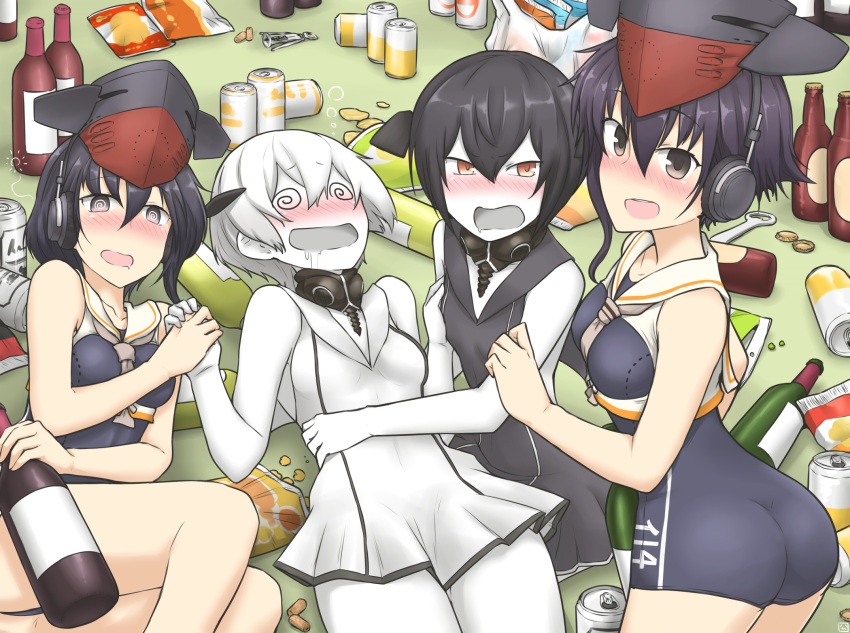 4girls :d @_@ abyssal_twin_hime_(black) abyssal_twin_hime_(white) ass beer_can black_hair blush bottle breast_grab brown_eyes can chips drooling drunk food framed_breasts grabbing grey_eyes hamu_koutarou headgear headphones highres i-13_(kantai_collection) i-14_(kantai_collection) kantai_collection looking_at_viewer lying multiple_girls open_mouth potato_chips sake_bottle school_swimsuit school_uniform seiza serafuku shinkaisei-kan short_hair sisters sitting smile snack sweat swimsuit swimsuit_under_clothes twins unconscious white_hair white_skin
