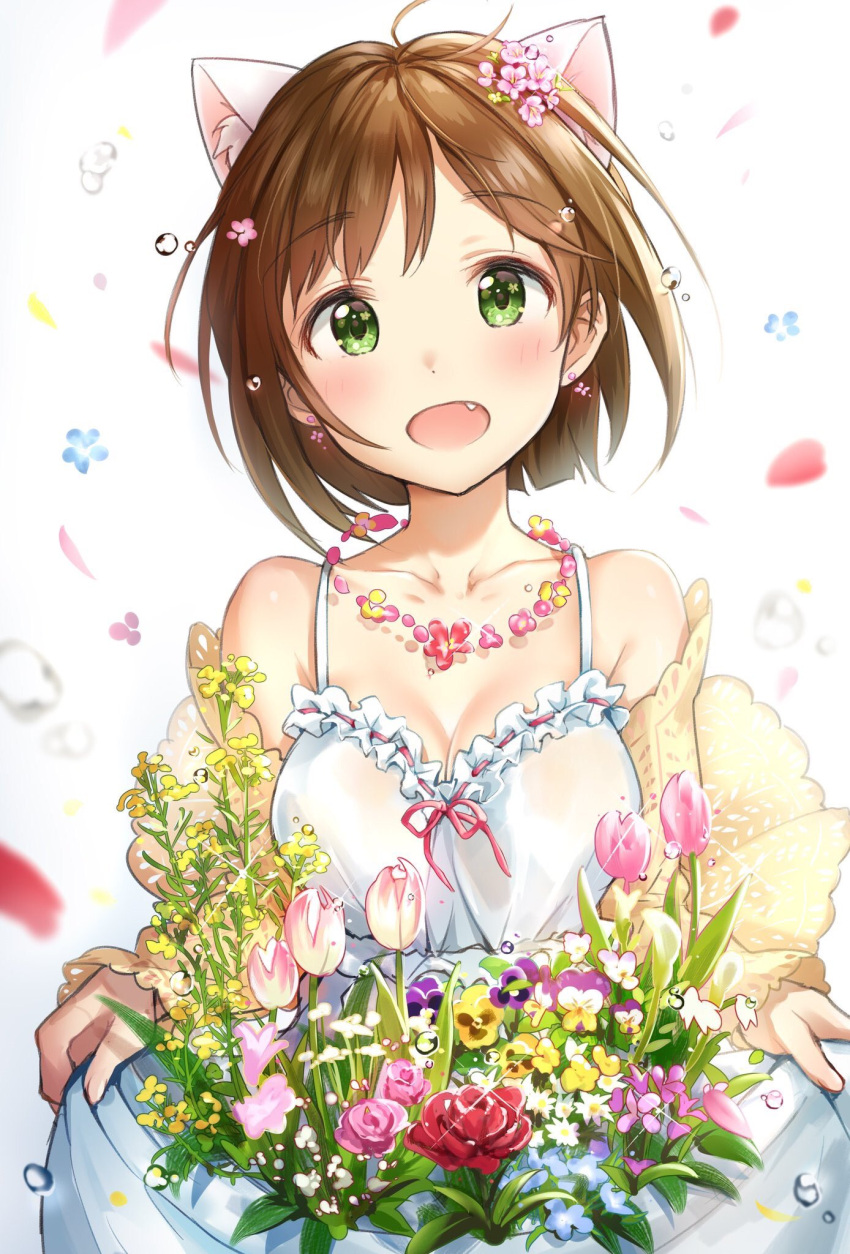 1girl :o ahoge animal_ears bangs bare_shoulders blurry blush breasts brown_hair cat_ears cleavage collarbone depth_of_field dress eyebrows_visible_through_hair fang flower flower_necklace green_eyes hair_flower hair_ornament highres idolmaster idolmaster_cinderella_girls jewelry looking_at_viewer maekawa_miku medium_breasts necklace open_mouth pink_flower red_rose rose short_hair simple_background skirt_basket smile solo sundress takeya_y0615 tareme tulip water_drop white_background white_dress