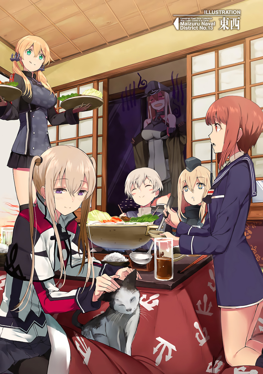 +_+ 6+girls :q ^_^ anchor_hair_ornament artist_request bare_shoulders bismarck_(kantai_collection) black_legwear blonde_hair blue_legwear blush_stickers breasts brown_hair capelet cat closed_eyes drooling eyebrows_visible_through_hair garrison_cap graf_zeppelin_(kantai_collection) green_eyes hair_ornament hat highres hotpot impossible_clothes impossible_shirt kantai_collection kneeling kotatsu ladle large_breasts light_brown_hair low_twintails military_hat multiple_girls pantyhose peaked_cap petting pleated_skirt prinz_eugen_(kantai_collection) sailor_collar shirt short_hair sitting skirt smile socks standing table tears tongue tongue_out twintails u-511_(kantai_collection) violet_eyes z1_leberecht_maass_(kantai_collection) z3_max_schultz_(kantai_collection)