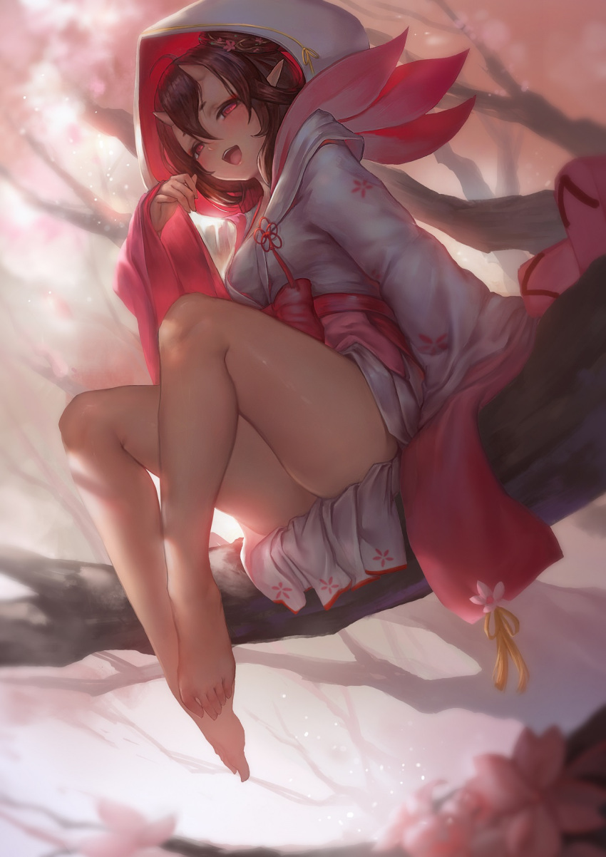 1girl :d arm_at_side arm_support ass bare_legs barefoot blurry blush breasts brown_hair creep_(gundamdg) demon_girl depth_of_field dutch_angle feet floral_print flower from_below glowing glowing_eyes hair_between_eyes hair_flower hair_ornament half-closed_eyes highres hood in_tree japanese_clothes kimono knees_up knot laughing light_particles long_sleeves looking_at_viewer medium_breasts obi oni_horns onmyoji open_mouth outdoors peach_blossom pink_flower pointy_ears red_eyes sash short_eyebrows short_kimono sitting smile solo tao_hua_yao thighs toenails toes tree wide_sleeves yukata