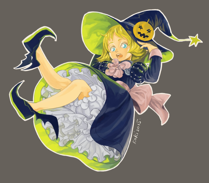 1girl 2015 black_dress black_shoes blonde_hair bloomers blue_eyes dress eyelashes full_body grey_background gundam hat hat_ornament jack-o'-lantern kaki2015 long_sleeves looking_at_viewer mobile_suit_gundam no_socks open_mouth petticoat pointy_shoes round_teeth sash sayla_mass shoes short_hair signature simple_background solo teeth underwear upskirt winged_shoes wings witch witch_hat younger