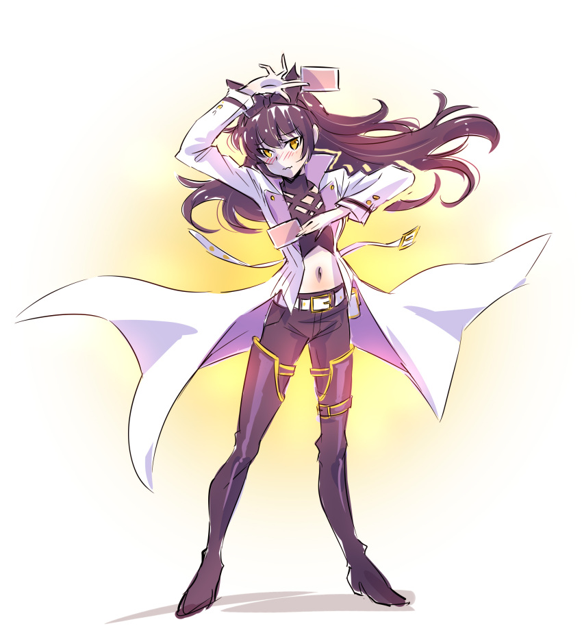 1girl absurdres alternate_costume black_hair blake_belladonna blush boots bow card full_body hair_bow highres iesupa navel pose rwby solo thigh-highs thigh_boots trading_card white_coat yellow_eyes