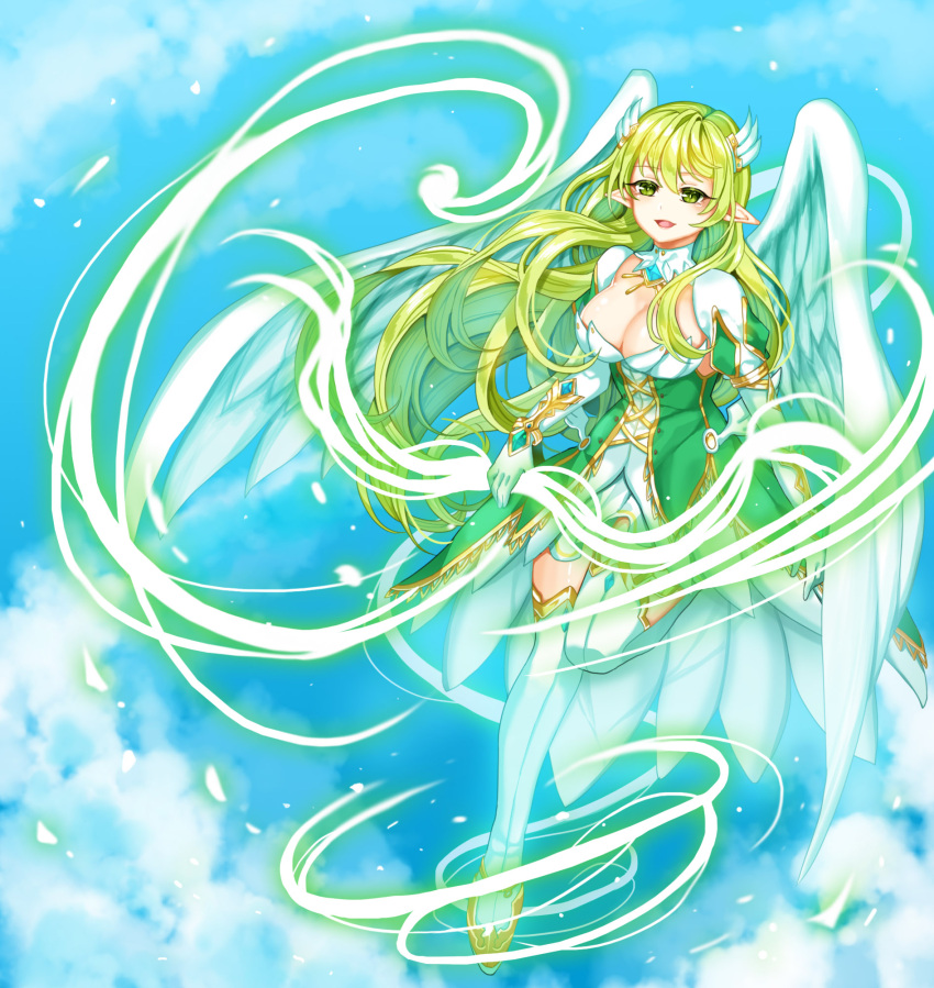 1girl boots breasts cleavage elsword feathered_wings flying full_body gloves grand_archer_(elsword) green_eyes green_hair hamericano highres large_breasts long_hair open_mouth pointy_ears rena_(elsword) skirt sky smile solo thigh-highs thigh_boots white_boots white_gloves white_skirt white_wings wings
