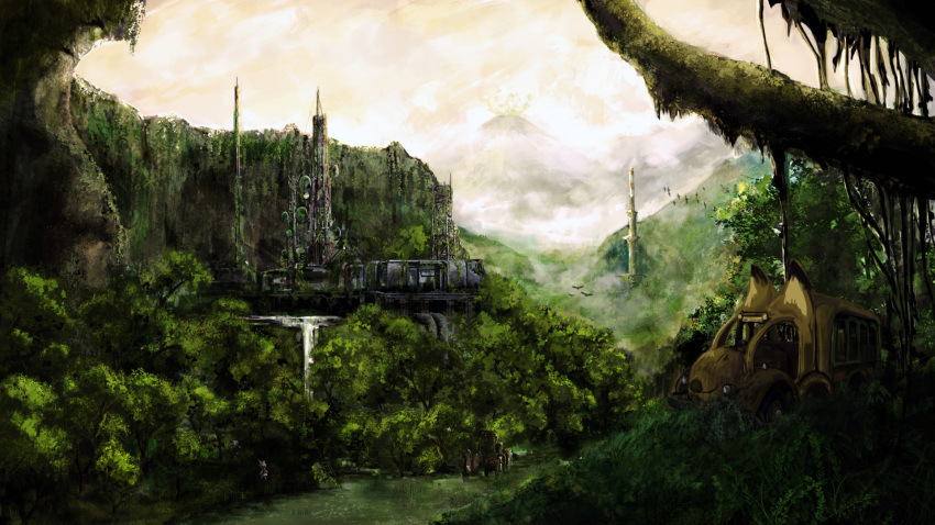 2girls animal_ears bird building cliff clouds cloudy_sky commentary_request fennec_(kemono_friends) forest from_behind highres japari_bus kanrobi kemono_friends moss multiple_girls nature overgrown raccoon_(kemono_friends) radio_tower river ruins sandstar scenery sky walking water waterfall
