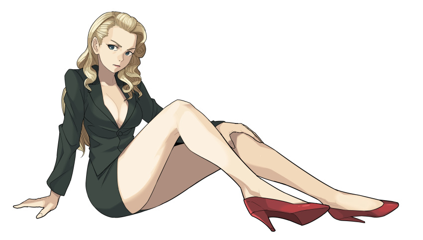 1girl arm_support baka_guruo bare_legs becchi_(runark) blonde_hair blue_eyes breasts cleavage curly_hair formal frown full_body high_heels highres large_breasts legs long_hair looking_at_viewer miniskirt no_bra pencil_skirt red_shoes runark shoes sitting skirt skirt_suit suit white_background