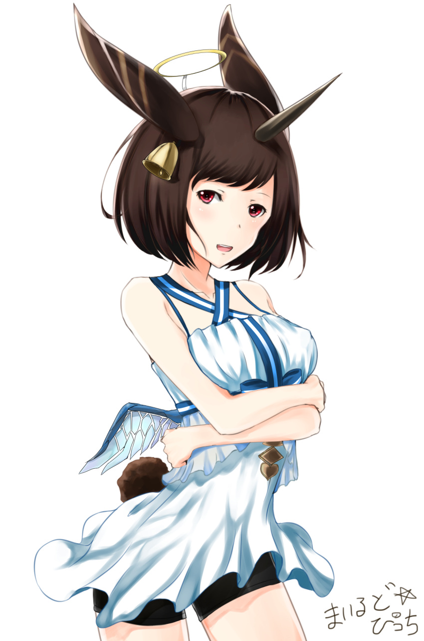 1girl absurdres animal_ears bell_earrings bellringer_angel bellringer_angel_(cosplay) black_shorts breasts brown_eyes brown_hair bunny_tail cosplay dress earrings halo highres horn jewelry looking_at_viewer mild_pitch moon_al-mi'raj open_mouth rabbit_ears shadowverse shorts solo tail white_dress wings