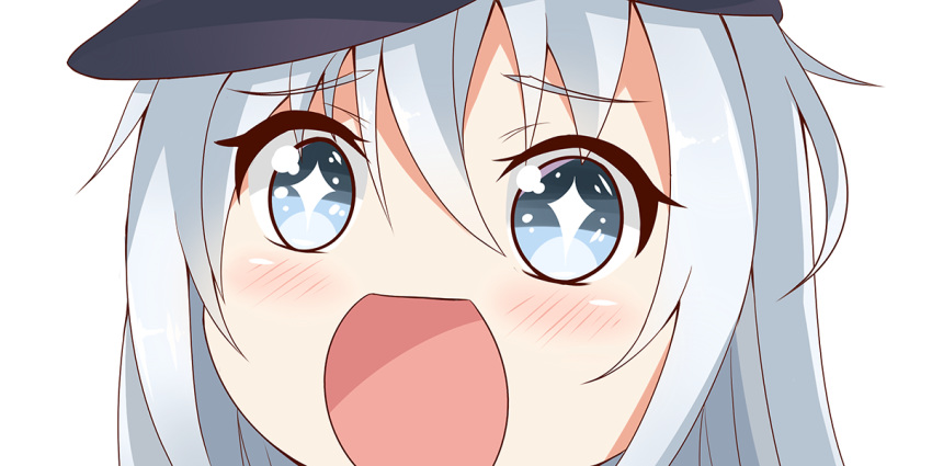 +_+ 1girl black_hat blue_eyes close-up flat_cap hat hibiki_(kantai_collection) kantai_collection long_hair looking_at_viewer no_nose open_mouth silver_hair simple_background sin-poi solo sparkling_eyes symbol-shaped_pupils white_background