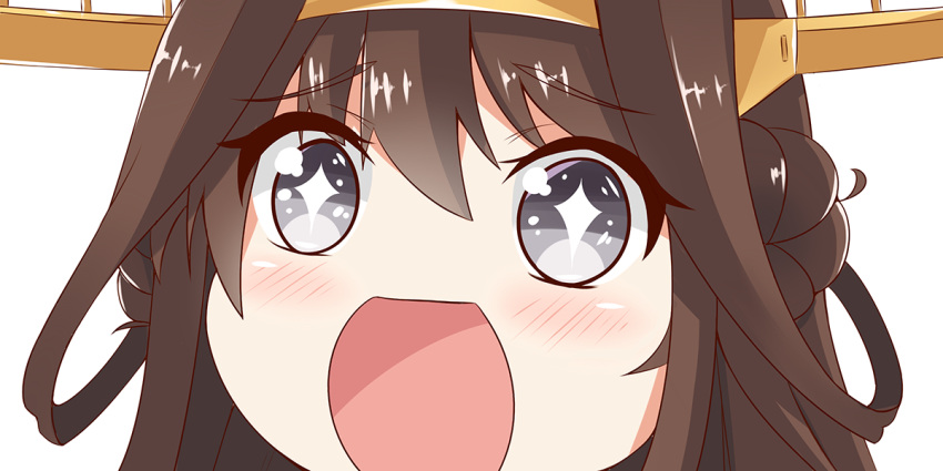 +_+ 1girl brown_hair close-up double_bun hairband headgear kantai_collection kongou_(kantai_collection) long_hair looking_at_viewer no_nose open_mouth simple_background sin-poi solo sparkling_eyes symbol-shaped_pupils violet_eyes white_background