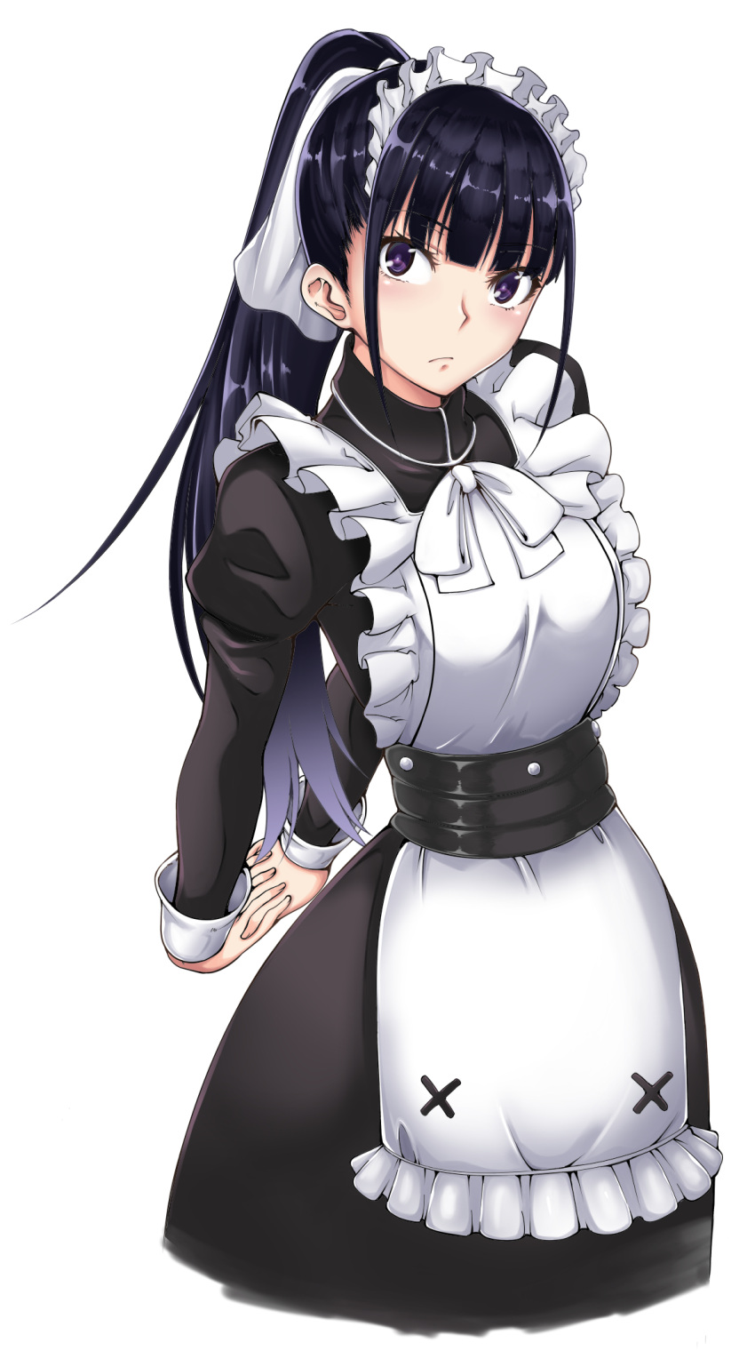 1girl apron arms_behind_back artist_request bangs black_eyes black_hair blunt_bangs dress highres interlocked_fingers long_hair long_sleeves looking_at_viewer maid maid_dress maid_headdress narberal_gamma overlord_(maruyama) ponytail puffy_long_sleeves puffy_sleeves sash solo stretch tarakan white_background