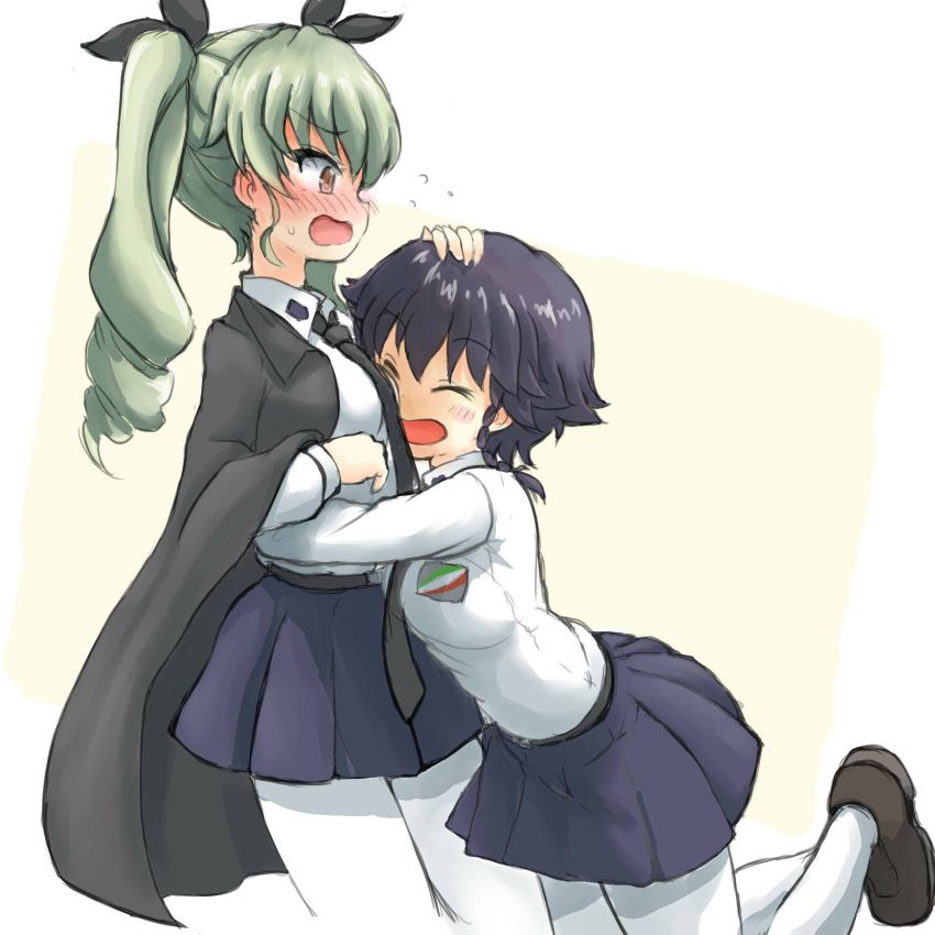 2girls :0 :d anchovy bangs belt black_hair black_necktie black_ribbon black_shoes black_skirt blush braid brown_eyes cape closed_eyes commentary couple cowboy_shot days135 dress_shirt drill_hair embarrassed emblem female flying_sweatdrops girls_und_panzer green_hair hair_ribbon hand_on_another's_head happy highres hug leg_up loafers long_hair long_sleeves looking_at_another miniskirt multiple_girls necktie open_mouth pantyhose pepperoni_(girls_und_panzer) pleated_skirt ribbon school_uniform shirt shoes short_hair shy side_braid simple_background sketch skirt smile standing twin_drills twintails white_background white_legwear white_shirt yuri