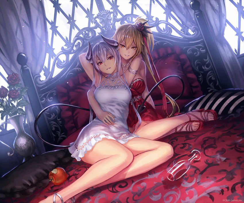 2girls anbe_yoshirou apple arm_around_waist armlet arms_around_neck arms_up bangs blonde_hair breasts cup curtains demon_girl demon_tail dress drinking_glass dutch_angle flower food fruit grin hair_between_eyes hair_flower hair_ornament hair_ribbon hand_on_another's_stomach high_heels highres horn_ribbon horns indoors jewelry leaning_back long_hair looking_at_viewer multiple_girls necklace no_socks on_bed orange_eyes parted_lips pillow pitcher red_dress red_eyes red_rose red_shoes ribbon rose sandals shoes short_dress side_ponytail silver_hair sitting sleeveless sleeveless_dress smile tail tsurime white_dress window wine_glass yokozuwari