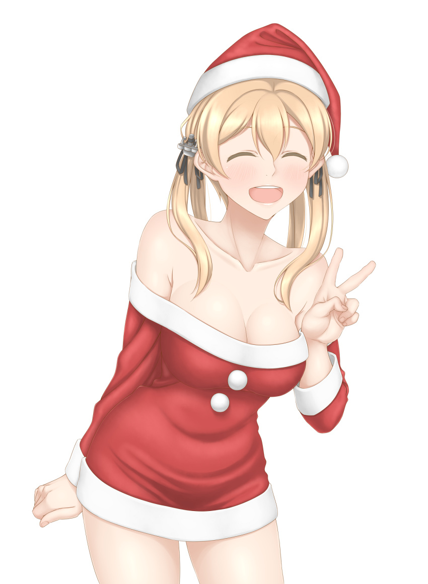 1girl :d ^_^ anchor_hair_ornament bare_shoulders breasts christmas cleavage closed_eyes collarbone dress hair_ornament hat highres kantai_collection kyounami leaning_forward light_brown_hair looking_at_viewer off-shoulder_dress off_shoulder open_mouth prinz_eugen_(kantai_collection) red_dress santa_costume santa_hat simple_background smile solo twintails v white_background