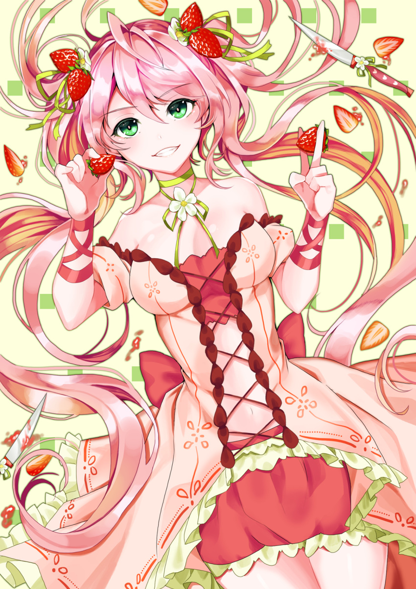 1girl antenna_hair bare_shoulders between_fingers breasts cowboy_shot flower food food_themed_hair_ornament fruit green_choker green_eyes grin hair_ornament hamericano highres knife long_hair looking_at_viewer medium_breasts original pink_hair red_ribbon red_skirt ribbon skirt smile solo strawberry strawberry_hair_ornament twintails