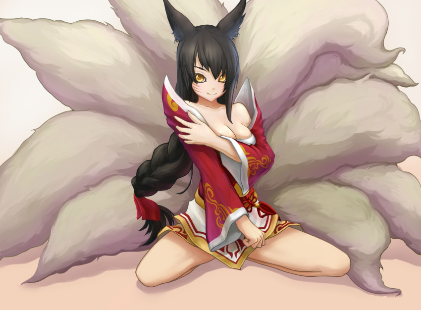 1girl ahri animal_ears bare_shoulders black_hair blush breasts cleavage collarbone detached_sleeves facial_mark fox_ears fox_tail highres korean_clothes large_breasts league_of_legends light_smile long_hair looking_at_viewer multiple_tails sitting solo tail wariza whisker_markings yellow_eyes