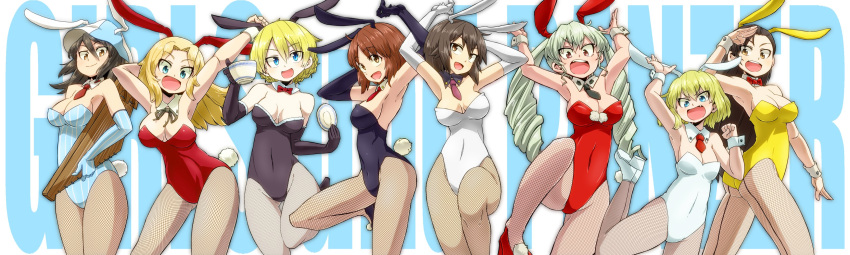 6+girls absurdres akiyama_yukari alternate_costume anchovy animal_ears aono3 armpits arms_up background_text bare_shoulders blonde_hair blue_eyes bow bowtie breasts brown_eyes brown_hair bunny_girl bunny_tail bunnysuit cleavage commentary_request copyright_name covered_navel cup darjeeling detached_collar drill_hair elbow_gloves fake_animal_ears fishnet_pantyhose fishnets girls_und_panzer gloves hat high_heels highres katyusha kay_(girls_und_panzer) large_breasts leotard long_hair looking_at_viewer medium_breasts mika_(girls_und_panzer) multiple_girls nishi_kinuyo nishizumi_maho nishizumi_miho one_leg_raised open_mouth pantyhose rabbit_ears saucer short_hair smile standing standing_on_one_leg tail teacup trait_connection wrist_cuffs