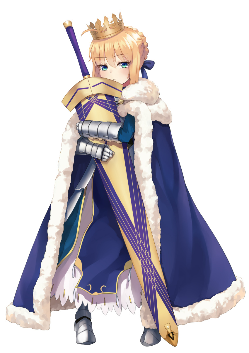 1girl absurdres ahoge armor armored_boots armored_dress avalon_(fate/stay_night) blonde_hair blue_eyes boots bow cape carrying commentary_request crown fate/stay_night fate_(series) gauntlets hair_bow hair_ribbon highres looking_at_viewer ribbon saber simple_background solo taira_(pixiv9613131) white_background