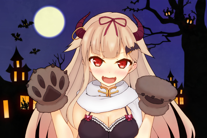 1girl :d alternate_costume asakura_meito bat bat_hair_ornament blurry blush bow breasts brown_hair chandelure cleavage commentary_request depth_of_field full_moon hair_bow hair_flaps hair_ornament hair_ribbon halloween highres horns kantai_collection long_hair looking_at_viewer moon open_mouth paws pokemon pokemon_(creature) red_eyes ribbon scarf smile solo yuudachi_(kantai_collection)