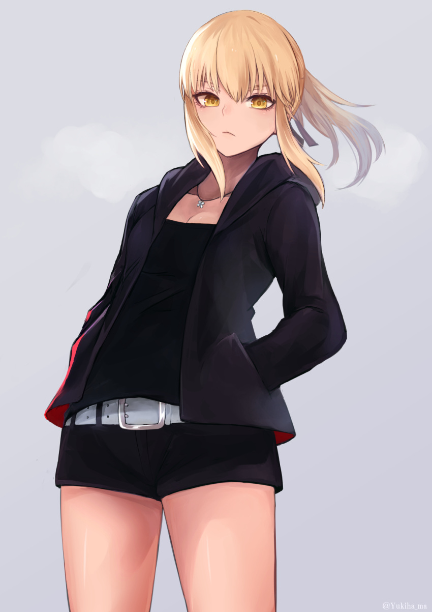 1girl :&lt; bangs belt black_blouse black_shorts blonde_hair blouse breasts cleavage closed_mouth fate/grand_order fate/stay_night fate_(series) grey_background hair_between_eyes hands_in_pockets highres hood hoodie jewelry looking_at_viewer necklace open_clothes open_hoodie ponytail saber saber_alter short_shorts shorts sidelocks simple_background small_breasts solo standing thighs twitter_username yellow_eyes yukihama