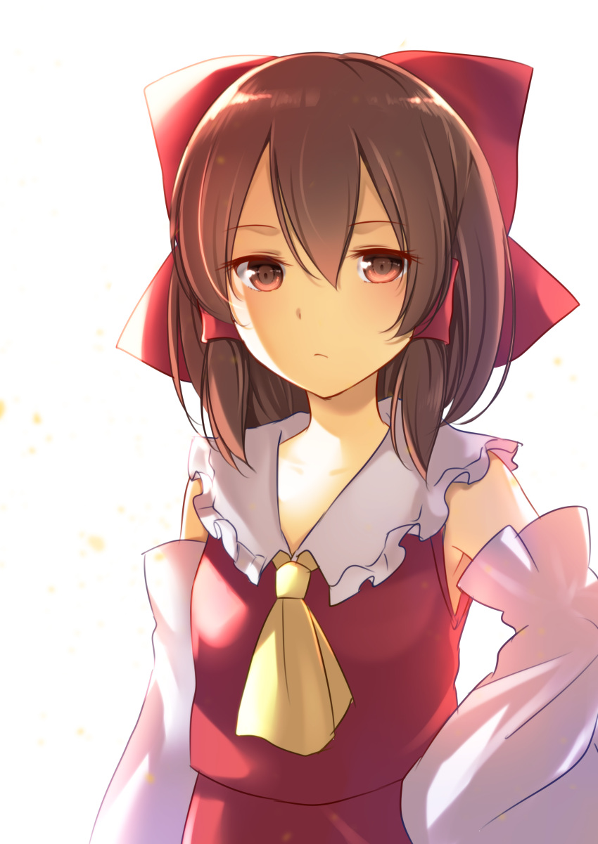 1girl absurdres armpits bow brown_eyes brown_hair closed_mouth detached_sleeves expressionless hair_between_eyes hair_bow hair_tubes hakurei_reimu hand_on_hip highres looking_at_viewer nontraditional_miko red_bow sailor_collar simple_background solo touhou upper_body utako_(kuromosuki) white_background