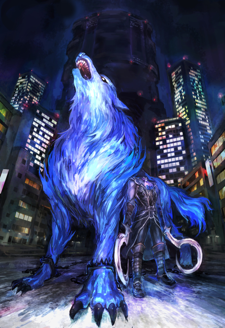 animal building city cuffs dual_wielding fate/grand_order fate_(series) hessian_(fate/grand_order) highres howling lobo_(fate/grand_order) night oversized_animal sakuharu_(hkhkbn) shackles wolf