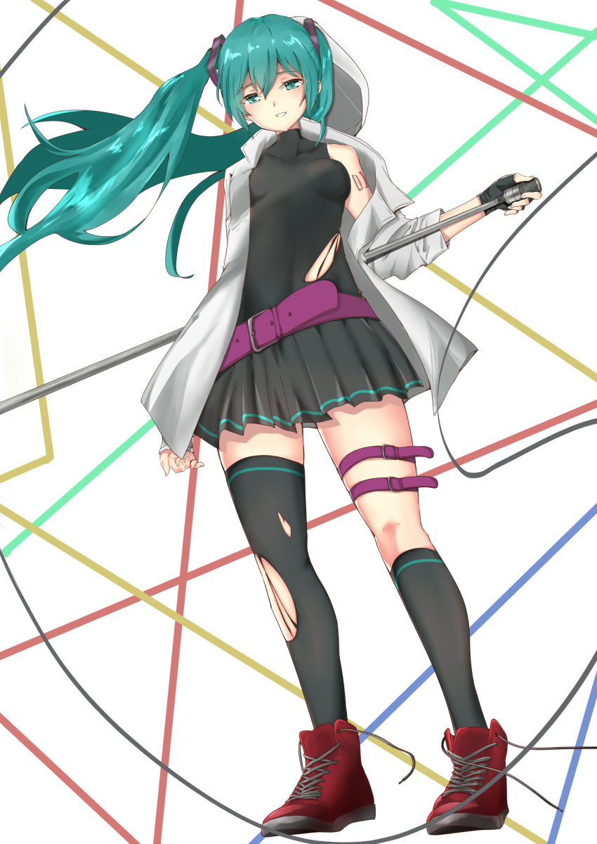 1girl absurdres aqua_eyes aqua_hair belt blush breasts converse fingerless_gloves gloves hatsune_miku highres long_hair medium_breasts microphone microphone_stand shoes single_thighhigh skindentation skirt smile sneakers solo tattoo thigh-highs thigh_strap thighs tight_top torn_clothes torn_thighhighs twintails untied_shoes vocaloid wind wind_lift zettai_ryouiki