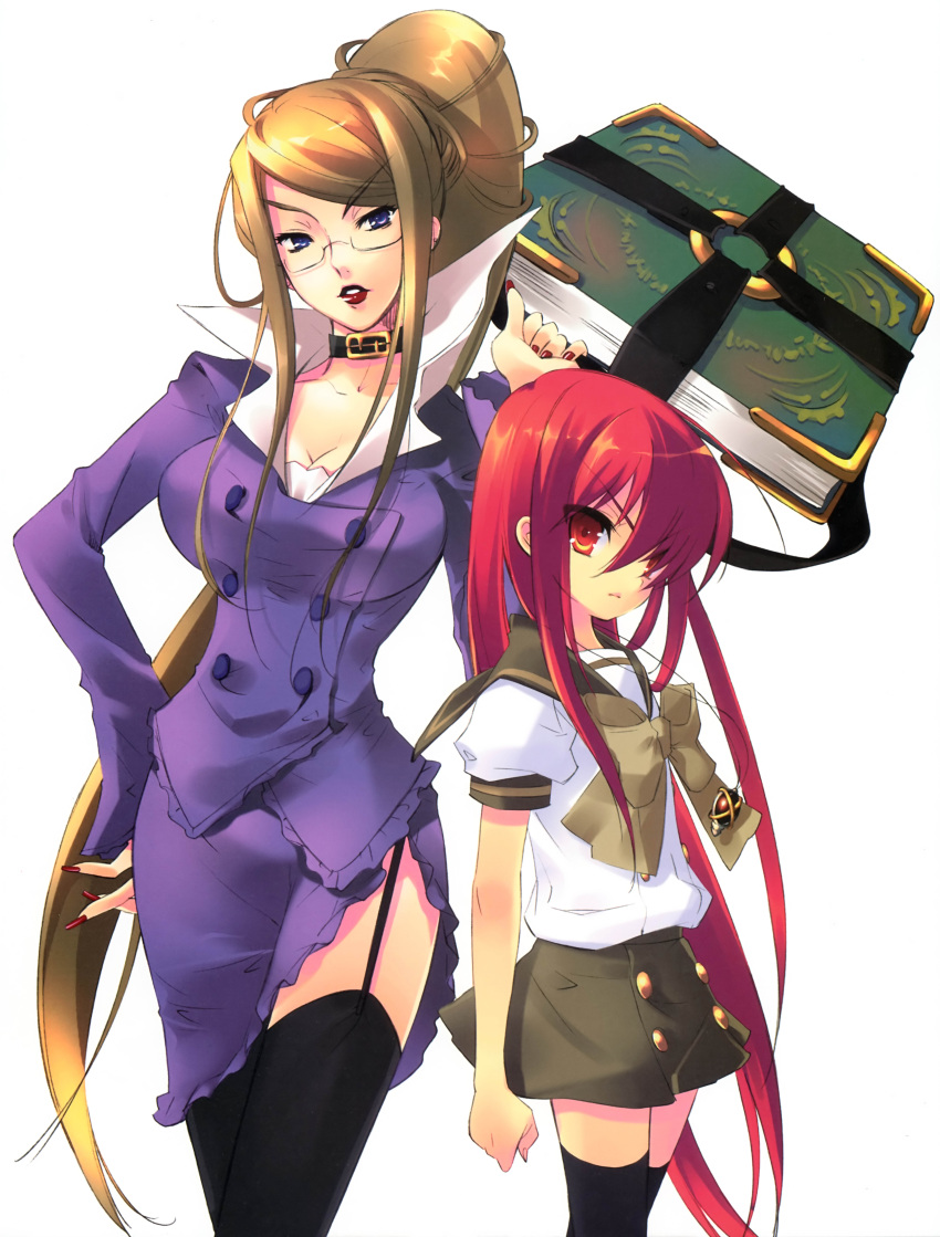2girls absurdres alastor_(shakugan_no_shana) alternate_legwear blonde_hair blue_eyes book breasts choker cleavage flat_chest formal garter_straps glasses highres incredibly_absurdres itou_noiji jewelry large_breasts legs long_hair marchosias margery_daw mature multiple_girls nail_polish pencil_skirt pendant ponytail red_eyes redhead school_uniform shakugan_no_shana shana side_slit skirt skirt_suit suit thigh-highs thighs zettai_ryouiki
