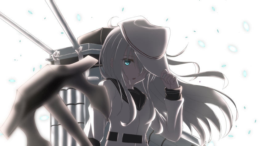 1girl adjusting_clothes adjusting_hat ahoge anchor backlighting bangs bloom blue_eyes flat_cap from_side hair_over_one_eye hat hibiki_(kantai_collection) highres kantai_collection long_hair long_sleeves looking_at_viewer looking_to_the_side parted_lips remodel_(kantai_collection) risokaaso_(tommy9551) school_uniform serafuku sidelocks silver_hair solo turret upper_body verniy_(kantai_collection)