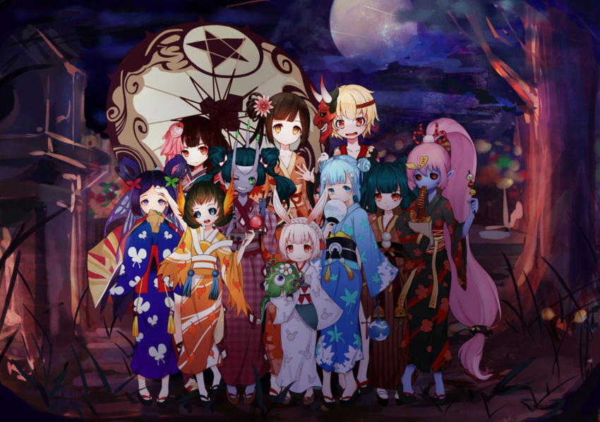 1boy 6+girls :o ;) animal_print black_sclera blue_eyes blue_hair blue_skin brown_eyes bunny_print butterfly_print candy_apple character_request dango eating fan flower food futakuchi-onna green_eyes hair_flower hair_ornament hair_rings highres horns japanese_clothes kimono leaf_print liyu_jing long_hair looking_at_viewer mask moon multiple_girls night one_eye_closed onmyoji outdoors paper_fan parasol plaid ponytail prajna_(onmyoji) purple_hair purple_skin red_eyes sandals shan_tu shio_(7203802) smile squid standing stuffed_animal stuffed_toy tiaotiaomeimei tongnu tree twintails umbrella very_long_hair violet_eyes wagashi wide_sleeves ying_grass yukata