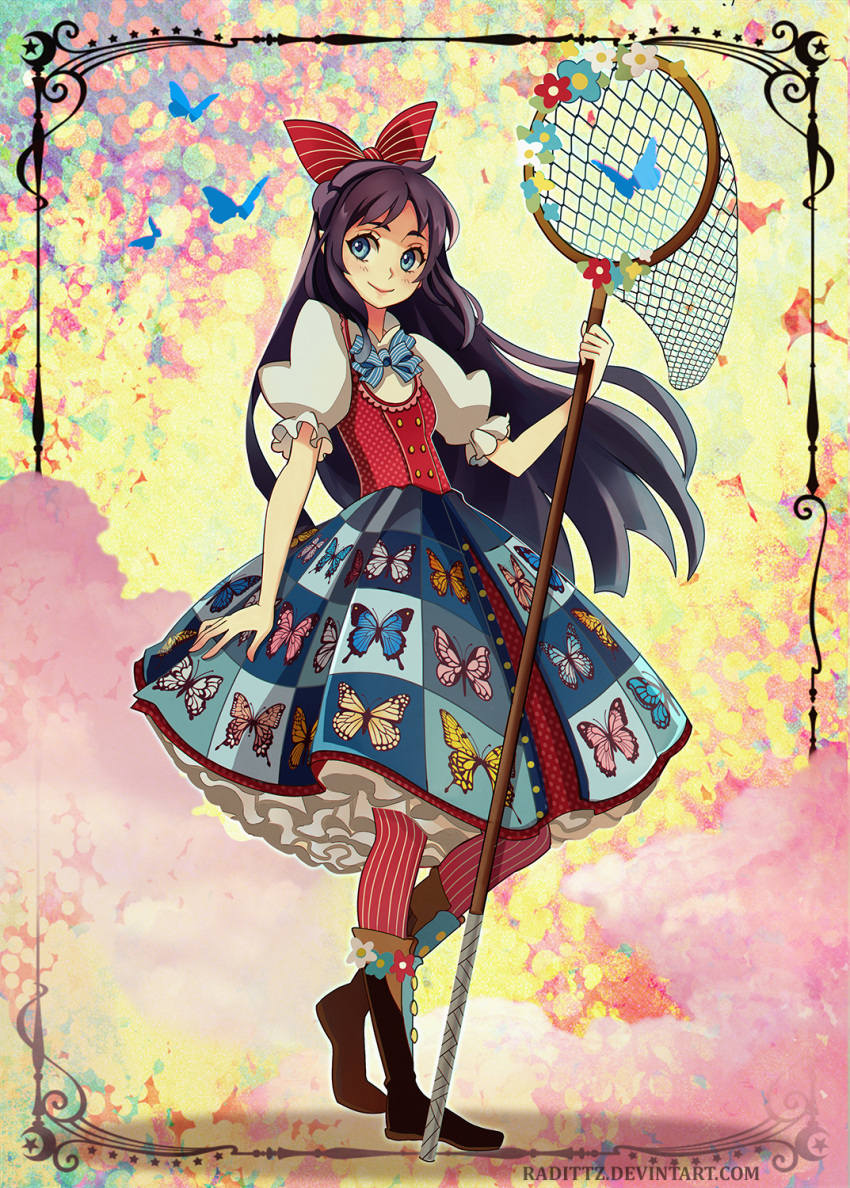 1girl animal_print artist_name black_hair blue_bow blue_bowtie blue_skirt blush bow bowtie butterfly_net butterfly_print checkered checkered_skirt closed_mouth commentary flower frilled_sleeves frills hand_net highres holding long_hair looking_away monarch_butterfly original puffy_short_sleeves puffy_sleeves radittz red_legwear shirt short_sleeves skirt smile solo striped striped_bow striped_bowtie striped_legwear vertical-striped_legwear vertical_stripes very_long_hair watermark white_shirt