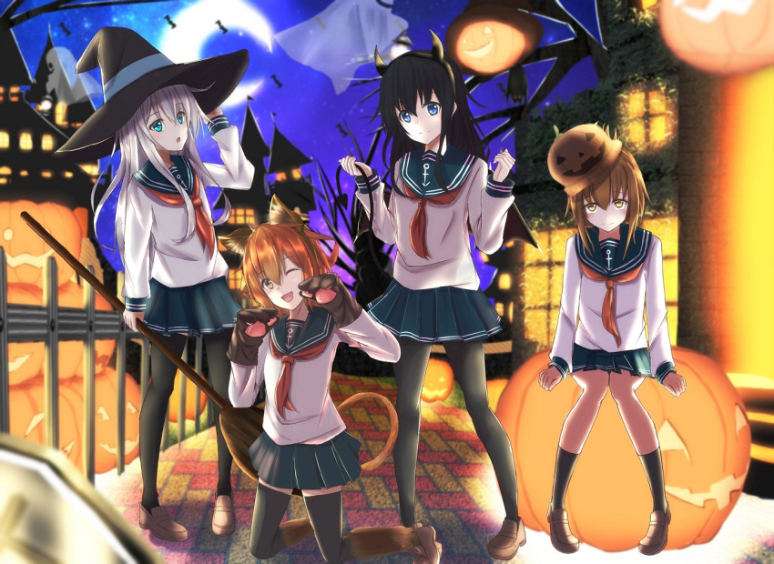 4girls ;d akatsuki_(kantai_collection) anchor_symbol animal_ears bangs bat black_hair black_legwear blue_eyes blurry blush broom brown_eyes brown_hair brown_shoes cat_ears cat_tail closed_mouth crescent_moon demon_horns depth_of_field fake_horns full_body gloves green_skirt hairband halloween hat hibiki_(kantai_collection) horns ikazuchi_(kantai_collection) inazuma_(kantai_collection) jack-o'-lantern kantai_collection kneeling loafers long_hair long_sleeves looking_at_viewer moon multiple_girls neckerchief night night_sky one_eye_closed open_mouth outdoors parted_lips paw_gloves paws pleated_skirt risokaaso_(tommy9551) school_uniform serafuku shoes short_hair sidelocks silver_hair sitting skirt sky smile standing tail thigh-highs witch_hat yellow_eyes