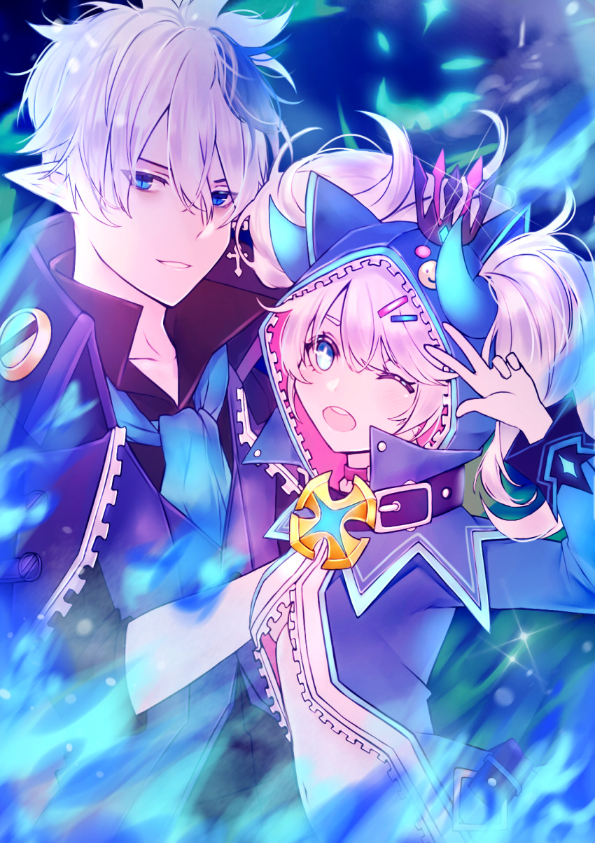 1boy 1girl ;d blue blue_eyes blue_hair buckle chiliarch_(elsword) ciel_(elsword) coat cravat crown dreadlord_(elsword) elsword hair_ornament hairclip highres hood horns lium long_hair looking_at_viewer luciela_r._sourcream mini_crown multicolored_hair one_eye_closed open_mouth pale_skin pointy_ears smile streaked_hair twintails two-tone_hair v white_hair