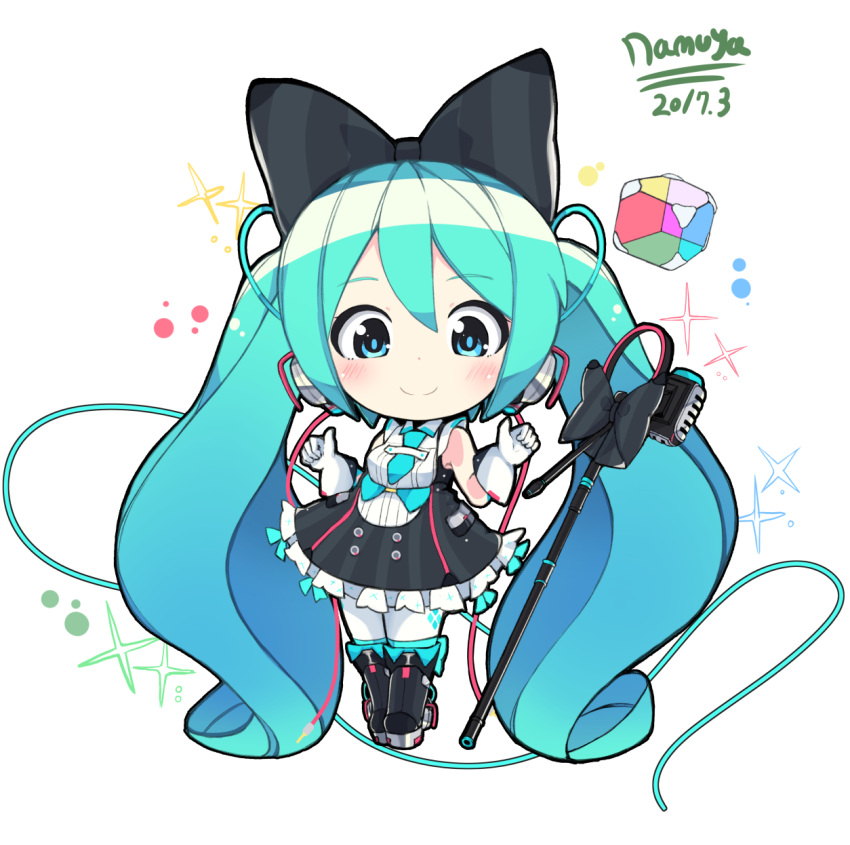1girl aqua_eyes aqua_hair artist_name blush boots bow buttons chibi dated dress eyebrows eyebrows_visible_through_hair gloves hair_ornament hatsune_miku headphones highres long_hair looking_at_viewer microphone microphone_stand namuya_(dlcjfgns456) necktie smile solo sparkle thigh-highs twintails very_long_hair vocaloid white_background wire