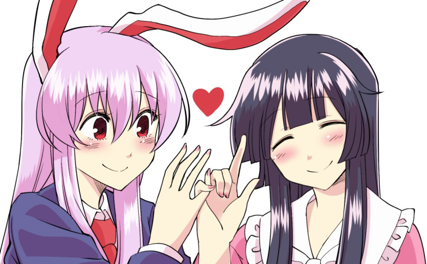 2girls ^_^ animal_ears bangs black_hair blazer blush bow closed_eyes commentary_request finger_gun head_tilt heart hime_cut houraisan_kaguya index_finger_raised jacket lavender_hair long_sleeves looking_at_another mana_(gooney) multiple_girls nail_polish necktie pink_nails pinky_swear purple_hair rabbit_ears red_eyes red_necktie reisen_udongein_inaba simple_background smile touhou white_background yuri