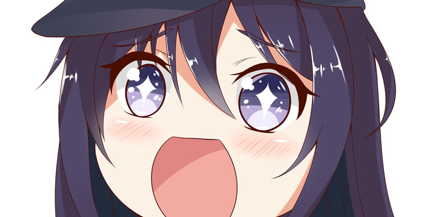 +_+ 1girl akatsuki_(kantai_collection) black_hair black_hat close-up flat_cap hat kantai_collection long_hair looking_at_viewer no_nose open_mouth simple_background sin-poi solo sparkling_eyes symbol-shaped_pupils violet_eyes white_background
