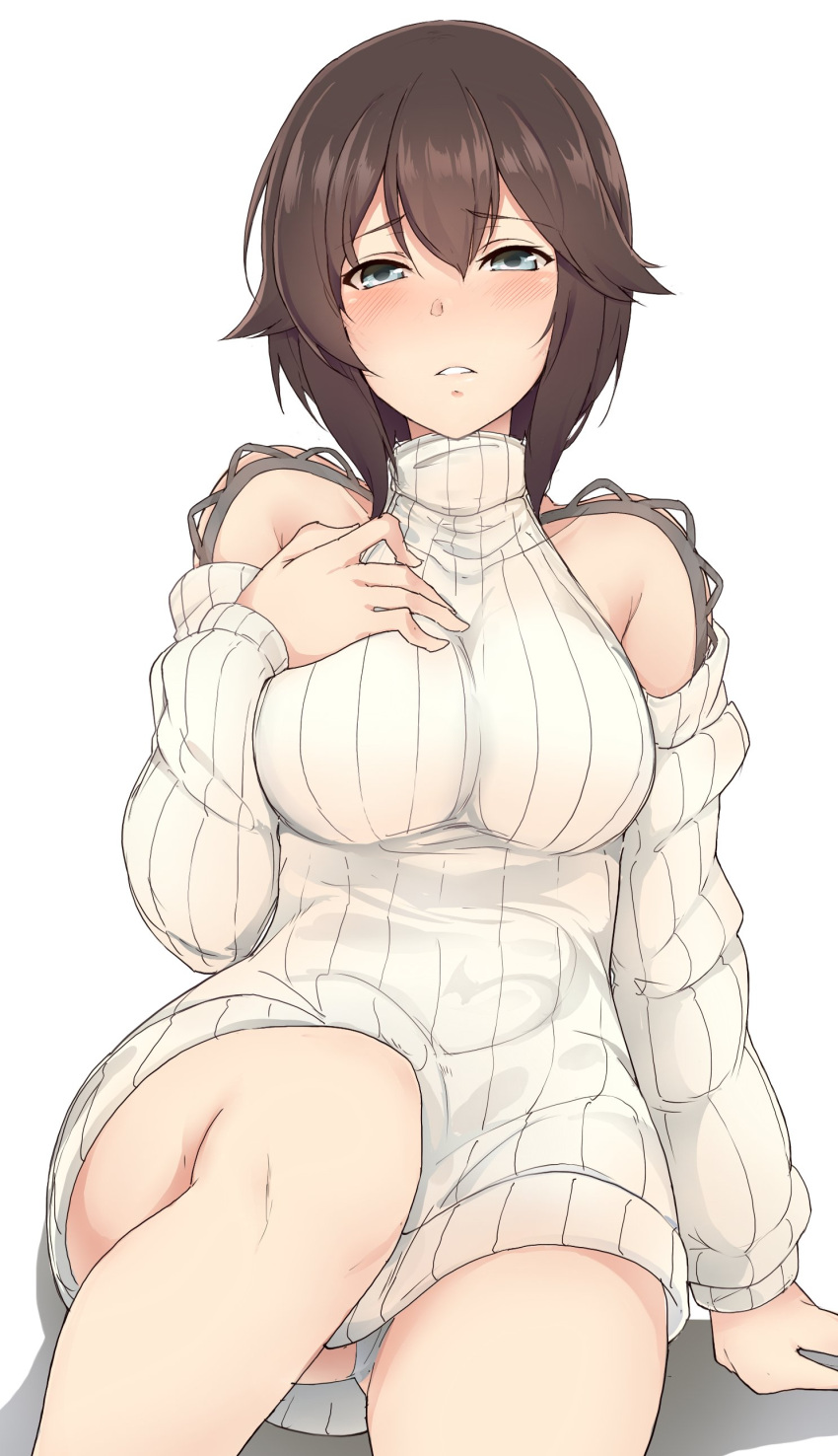 1girl absurdres blue_eyes blush breasts brown_hair detached_sleeves hayasui_(kantai_collection) highres kantai_collection long_sleeves looking_at_viewer medium_breasts no_pants ribbed_sweater short_hair solo suisen_toire_(moko924) sweater sweater_vest turtleneck