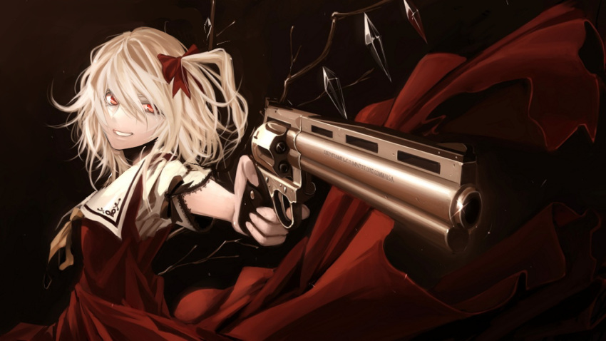 1girl alternate_weapon ascot blonde_hair bow colt_python dress flandre_scarlet foreshortening glint grin gun hair_bow handgun highres koh_(minagi_kou) left-handed looking_at_viewer no_hat no_headwear outstretched_arm red_eyes revision revolver short_hair side_ponytail smile solo touhou upper_body weapon wings