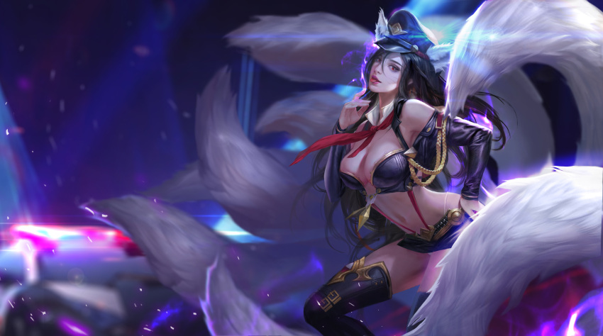 1girl absurdres ahri animal_ears black_hair black_legwear black_skirt blurry breasts commentary_request depth_of_field detached_collar diffraction_spikes fox_ears fox_tail from_side hair_between_eyes hand_on_hip head_tilt highres league_of_legends leaning_forward li_miao long_sleeves medium_breasts microskirt multiple_tails navel realistic skirt solo sparkle tail thigh-highs tongue tongue_out whisker_markings wing_collar