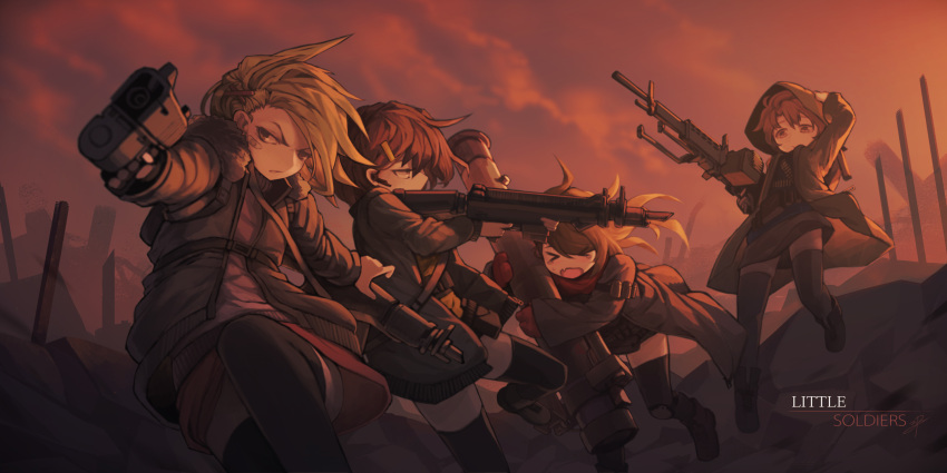 &gt;_&lt; 4girls ammunition_belt bandaid bandaid_on_face bangs black_boots black_jacket black_legwear blonde_hair boots brown_hair cloak closed_eyes closed_mouth clouds commentary english fang gun hair_ornament hairclip handgun highres holding holding_gun holding_weapon hood hooded_cloak jacket knee_pads leg_up long_hair long_sleeves machine_gun multiple_girls open_clothes open_jacket original outdoors outstretched_arms pistol profile rocket_launcher sky sunset swept_bangs tears thigh-highs weapon weapon_request zhaoyuan_pan