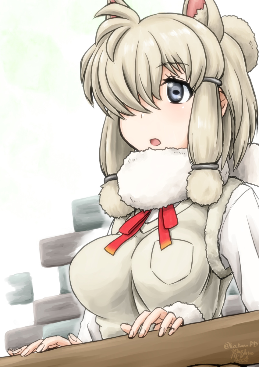 1girl alpaca_ears alpaca_suri breast_pocket breasts grey_eyes hair_over_one_eye highres kemono_friends koutarou_(plusdrive) looking_at_viewer open_mouth pocket short_hair silver_hair simple_background solo twitter_username upper_body white_background