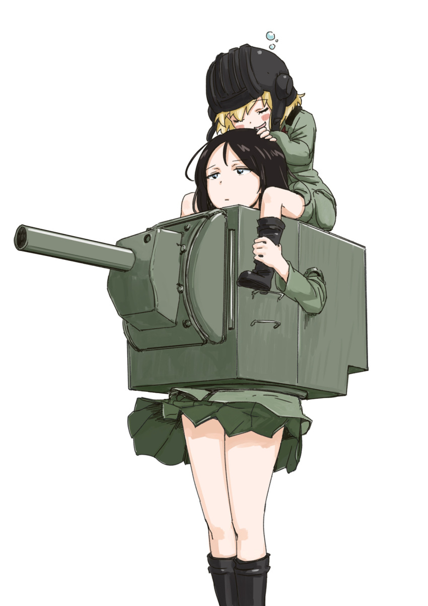 2girls 9so_(ponchon) bangs black_boots black_hair black_skirt blonde_hair blue_eyes blush_stickers boots carrying closed_eyes commentary cosplay cowboy_shot girls_und_panzer green_jacket ground_vehicle hands_on_another's_head helmet highres jacket katyusha kv-2 long_hair long_sleeves military military_uniform military_vehicle miniskirt motor_vehicle multiple_girls nonna pleated_skirt saliva short_hair short_jumpsuit shoulder_carry simple_background skirt sleeping sleeping_on_person standing swept_bangs tank uniform white_background