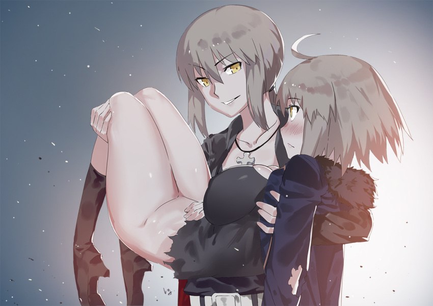 2girls ahoge bangs boots bottomless bottomless_female breasts carrying collarbone cross_necklace fate/grand_order fate_(series) grey_hair jeanne_alter jewelry knee_boots large_breasts legs legs_together multiple_girls nanaya_(daaijianglin) necklace no_panties princess_carry ruler_(fate/apocrypha) saber saber_alter short_hair torn_clothes type-moon yellow_eyes