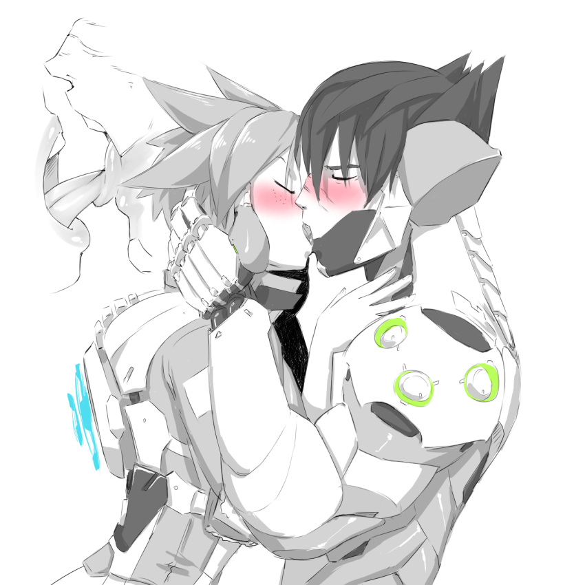 1boy 1girl armor bangs blush bodysuit chip-tooth closed_eyes couple cyborg french_kiss genji_(overwatch) hetero highres holding kiss mask mask_removed overwatch short_hair spiky_hair tongue tongue_out tracer_(overwatch) white_background