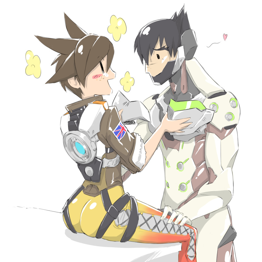 1boy 1girl armor ass bangs black_hair bodysuit brown_hair chip-tooth couple cyborg eye_contact flower genji_(overwatch) happy heart hetero highres holding looking_at_another mask mask_removed overwatch short_hair sitting smile spiky_hair strap tracer_(overwatch) white_background