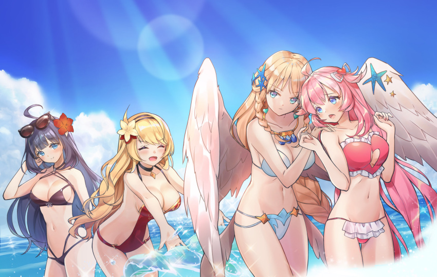 4girls :d :o ^_^ ahoge angel_wings artemia_(king's_raid) aselica_(king's_raid) bikini black_bikini black_hair blonde_hair blue_bikini blue_eyes breasts chibi_vanille choker cleavage closed_eyes closed_eyes clouds earrings eyewear_on_head flower frills groin hair_flower hair_ornament hairband hand_on_another's_shoulder heart heart_cutout heart_earrings heart_hair_ornament hibiscus highres jewelry king's_raid large_breasts light_rays long_hair mirianne_(king's_raid) multiple_girls navel necklace ocean one-piece_swimsuit open_mouth pink_hair red_swimsuit shea_(king's_raid) sky smile splashing star starfish_hair_ornament sunbeam sunglasses sunlight swimsuit tri_braids two_side_up very_long_hair wading water wings