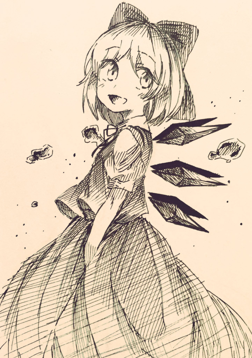 1girl :d ballpoint_pen_(medium) blush bow cirno collared_shirt droplets hair_bow highres ice ice_wings iiha_toobu long_hair monochrome open_mouth puffy_short_sleeves puffy_sleeves shirt short_hair short_sleeves sketch skirt skirt_set smile solo touhou traditional_media vest water wings