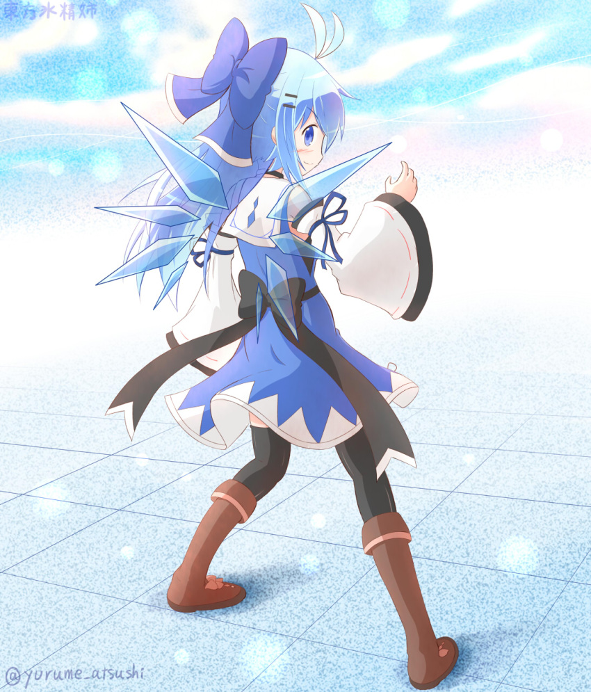 &gt;:) 1girl alternate_costume alternate_hair_length alternate_hairstyle antenna_hair back black_legwear blue_eyes blue_hair boots bow choker cirno detached_sleeves from_behind hair_bow hair_ornament hair_ribbon hairclip highres ice ice_wings long_hair looking_at_viewer looking_back older ribbon solo thigh-highs thigh_boots touhou twitter_username wings yurume_atsushi zettai_ryouiki