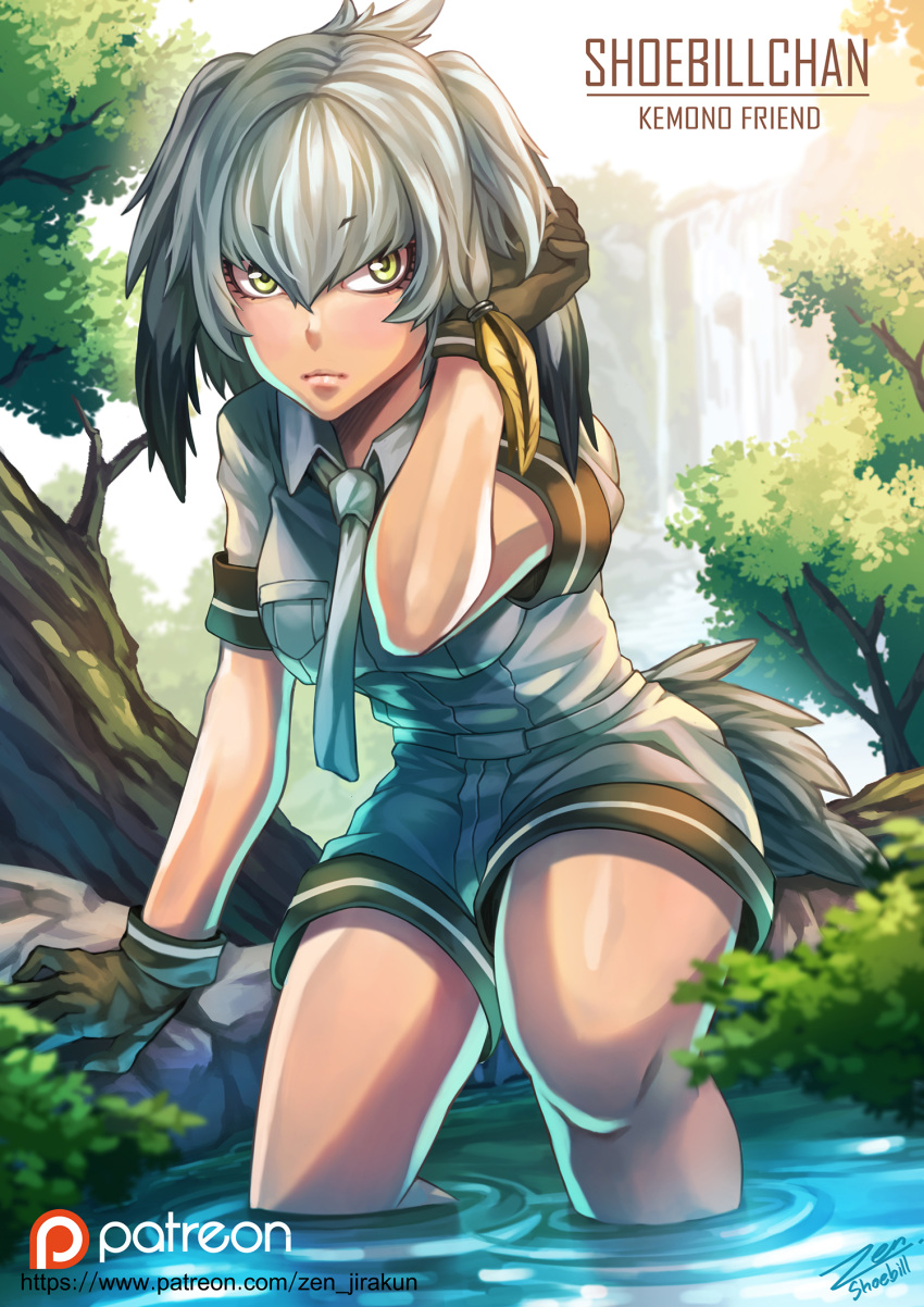 1girl artist_name belt bird_tail black_gloves black_hair breasts character_name collared_shirt commentary copyright_name eyebrows_visible_through_hair feathered_wings gloves head_wings highres kemono_friends long_hair looking_at_viewer low_ponytail multicolored_hair necktie no_legwear orange_hair outdoors partially_submerged patreon pocket shirt shoebill_(kemono_friends) short_sleeves side_ponytail signature silver_hair silver_necktie silver_shirt silver_shorts solo tree water watermark web_address wings yellow_eyes zen_(jirakun)