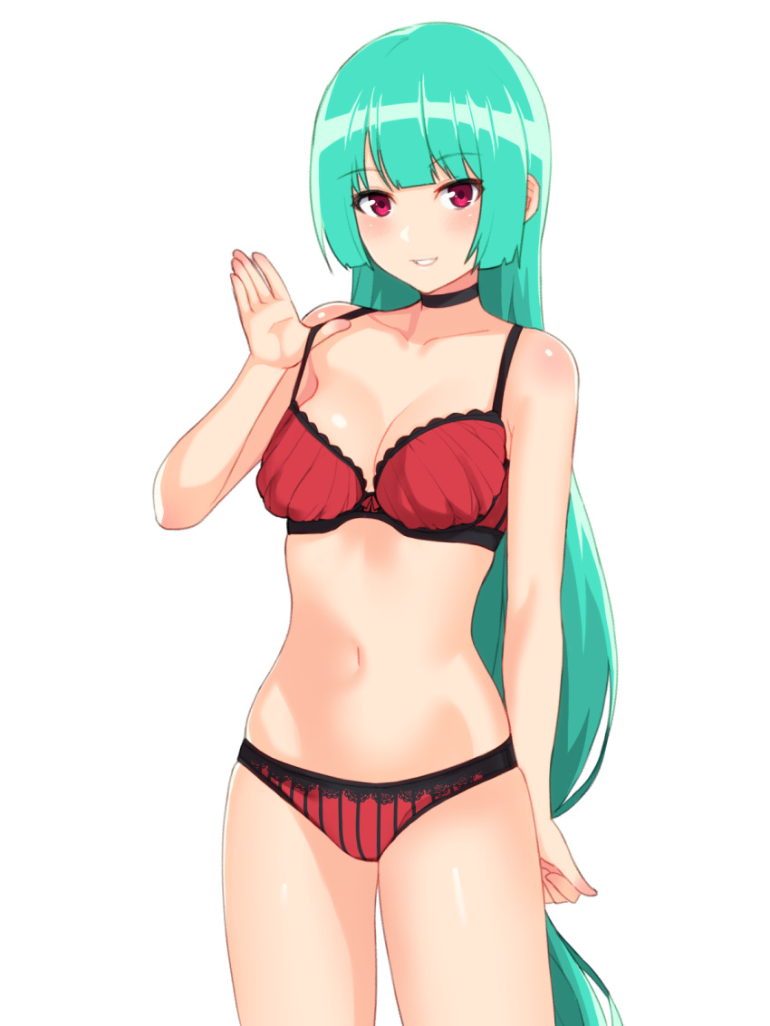 1girl arm_behind_back bangs bikini blunt_bangs blush breasts choker cleavage collarbone cowboy_shot eyebrows_visible_through_hair green_hair hand_up highres hips long_hair looking_at_viewer medium_breasts navel nezuko original parted_lips red_eyes simple_background skindentation smile solo standing strap_pull swimsuit thighs very_long_hair white_background