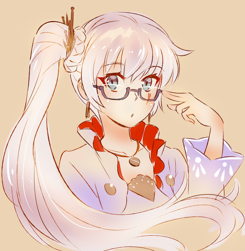 1girl blue_eyes earrings eye_scar glasses hair_ornament highres iesupa jewelry necklace ponytail rwby solo weiss_schnee white_hair